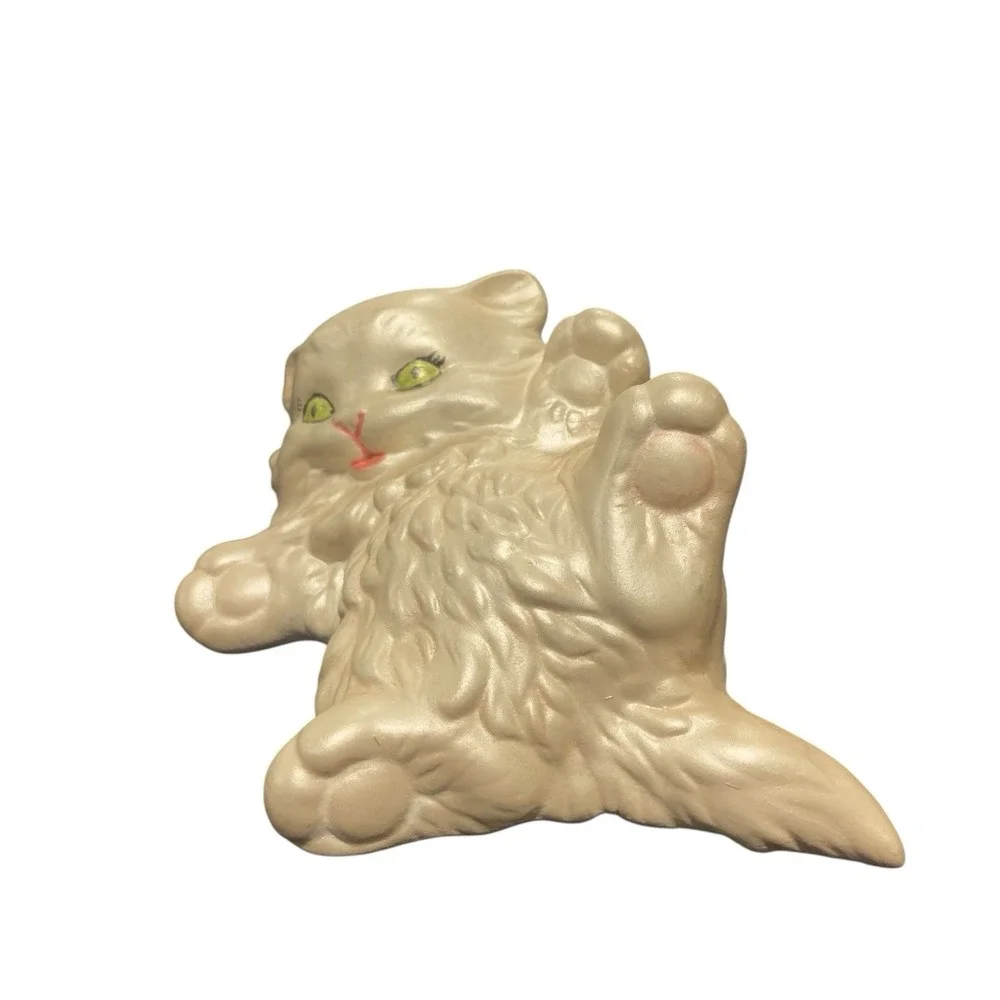 Vintage Long Hair Iridescent Playful Cream White Ceramic Cat Kitten Green Eyes